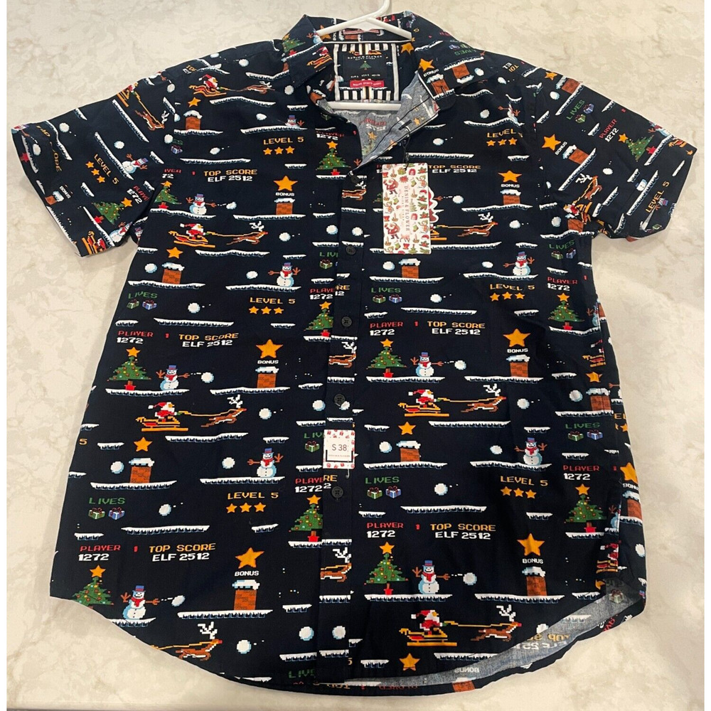 NEW Denim & Flower Men's S Button Down Shirt Holiday Christmas Gaming Short Slv